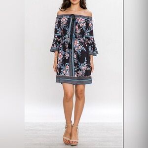 ⭐️Jealous Tomato floral midi dress Bardot off-the-shoulder bell sleeves women XS